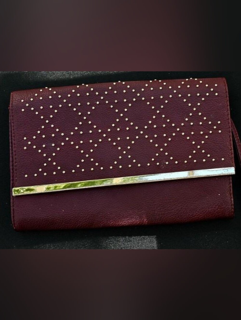 Burgundy Studded Clutch Wristlet With Studded Accents